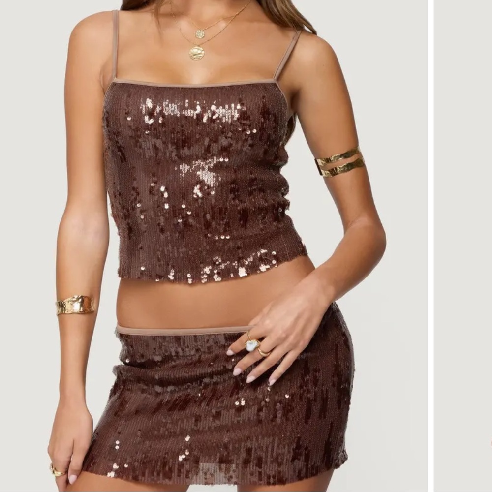 Edikted Kaylee Sequin Tank Top and Skirt Set